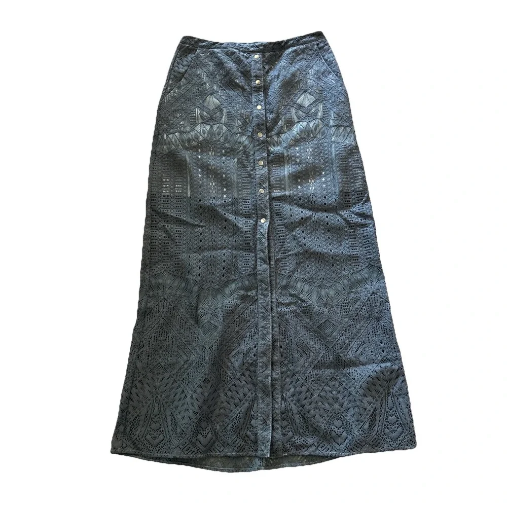 BCBG Maxazria Size 6 Slate Blue Lace Snap Front‎ Maxi Skirt Cottagecore